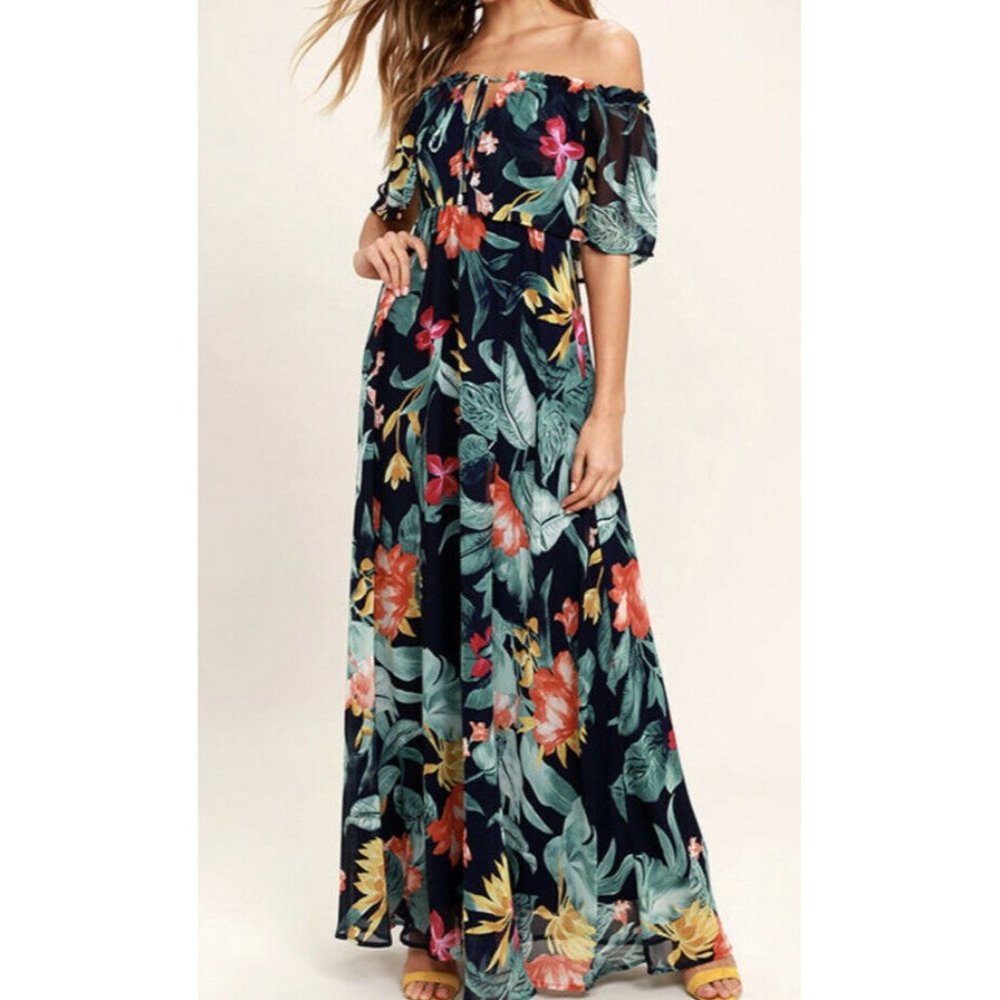 Lulus Infinite Love Navy Blue Print Off-the-Shoulder Maxi Dress